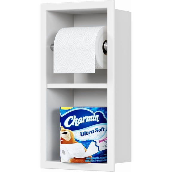 Recessed Toilet Paper Holder, 304 Stainless Steel Bathroom Toilet Paper Holder with Storage, in Wall Tissue Toilet Roll Holder, Matte White