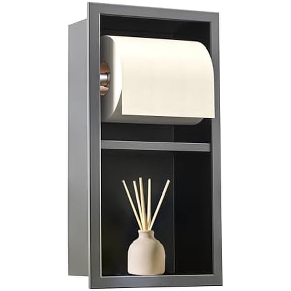 Recessed Toilet Paper Holder, 304 Stainless Steel Tissue Paper Holder, in Wall Tissue Toilet Roll Holder with Storage for Toilet, Bathroom, Kitchen & Hotel, 13.4x7x 6, Matte Black