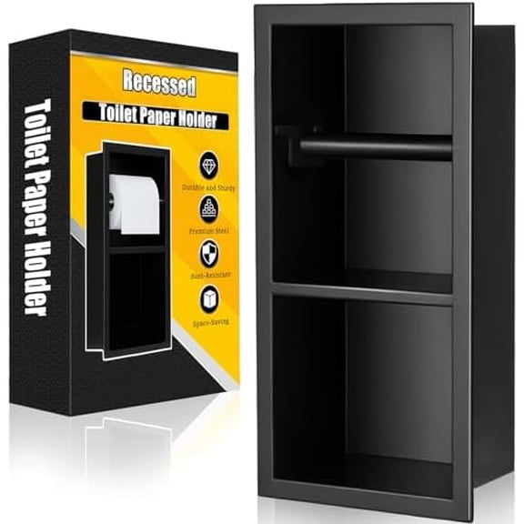 Recessed Toilet Paper Holder, Matte Black Toilet Paper Roll Holder Built-in Bathroom Tissue Roll Holder with Storage, Stainless SteelRust-Proof and Space-Saving$$