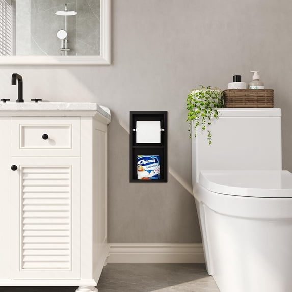 Recessed Toilet Paper Holder with Storage, Matte Black Stainless Steel Bathroom Tissue Roll Holder and Footrest