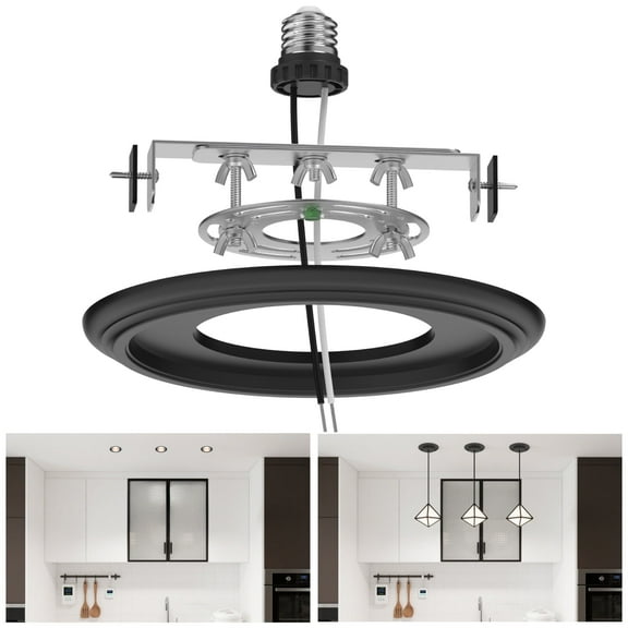 YIIZON Recessed to Pendant Light Converter Kit - 6 inch Can Light Conversion, E26 Socket, Mounting Bracket, Round Ceiling Plate & 3D Black Cover