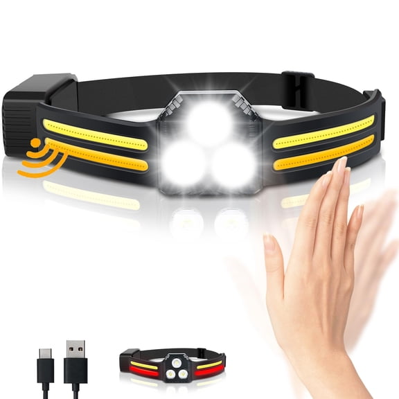 Rechagreable Headlamp, 1200Lumens 3COB Bright Headlamp 260 Wide Beam Headlamp 13 Light Modes Motion Sensor Red Headlmp Flashlight with Clips 4oz Lightweight for Hardhat Running Camping