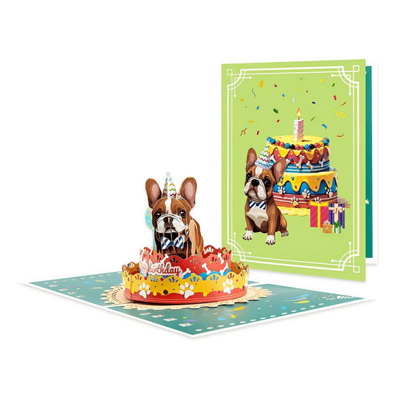 Rechale 3D Pop-Up French Bulldog Birthday Card - Cute Dog with Cake Celebration, Whimsical Happy Birthday Greeting for Dog Lovers - French Bulldog 3D Birthday Pop Up Card