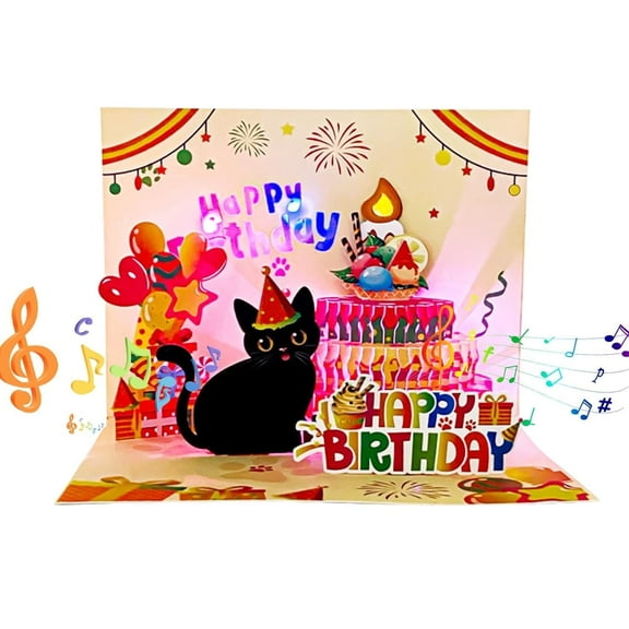 Rechale Birthday Card with Music, Lights & Blowable Candle - Interactive Pop-Up Cat Design Greeting Card for Cat Lovers, Women, Men, Mom or Dad, Fun Animated Gift for Birthdays & Celebrations at Home