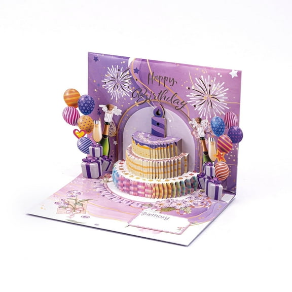 Rechale Birthday Cards, 3D Pop Up Fireworks Greeting Cards, Musical & LED Lights Happy Birthday Gifts Card with Blowable Candle Cake for Women, Men - Purple Balloon