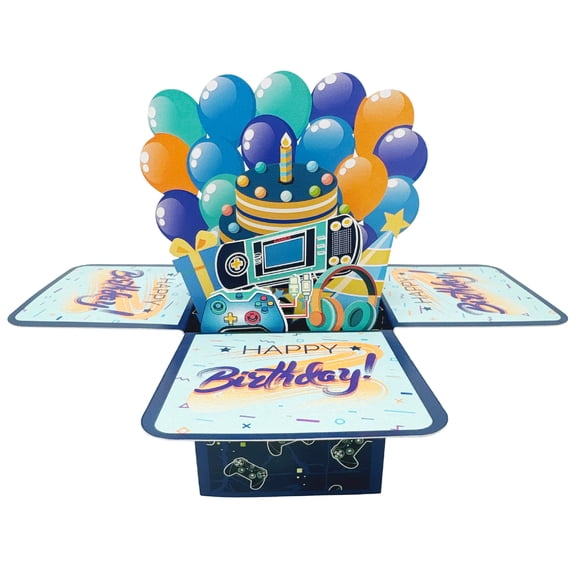 Rechale Blue 3D Pop Up Happy Birthday Card, Unique Handmade Foldable Greeting Cards Game Style Card Suprise Balloon Box with Envelope, Gfit for Boys Friends