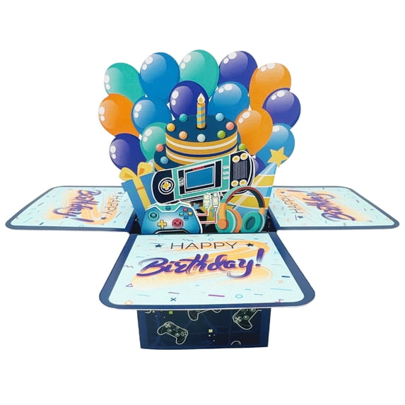 Rechale Blue 3D Pop Up Happy Birthday Card, Unique Handmade Foldable Greeting Cards Game Style Card Suprise Balloon Box with Envelope, Gfit for Boys Friends