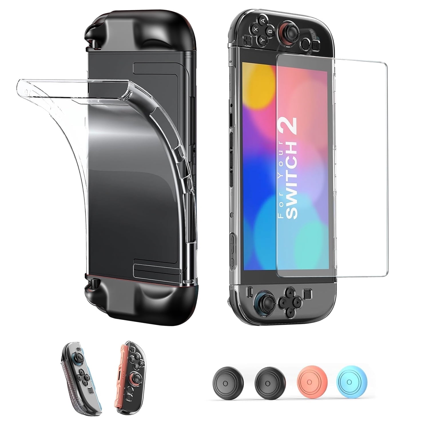 Rechale Protective Case for Nintendo Switch 2 , Dockable Hard TPU Case Accessories for Nintendo Switch 2 with HD Tempered Glass Screen Protector and 4 Thumb Grip Caps