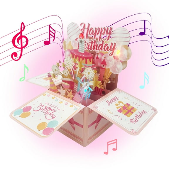Rechale Happy Birthday Pop up Card with Music and Light, 3D Gift Box with Envelope, Creative Gift Universal Birthday Greeting Card for Women, Mom, Daughter, Grandma, Aunt, Sister & Friends