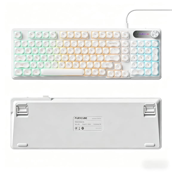 Rechale IP98 Foundation Mechanical-Feel Wired Keyboard, 98-Key Compact, Top-Printed RGB Backlit Keycaps, Multi-Function Knob, Cute Makeup Style (Pink White)