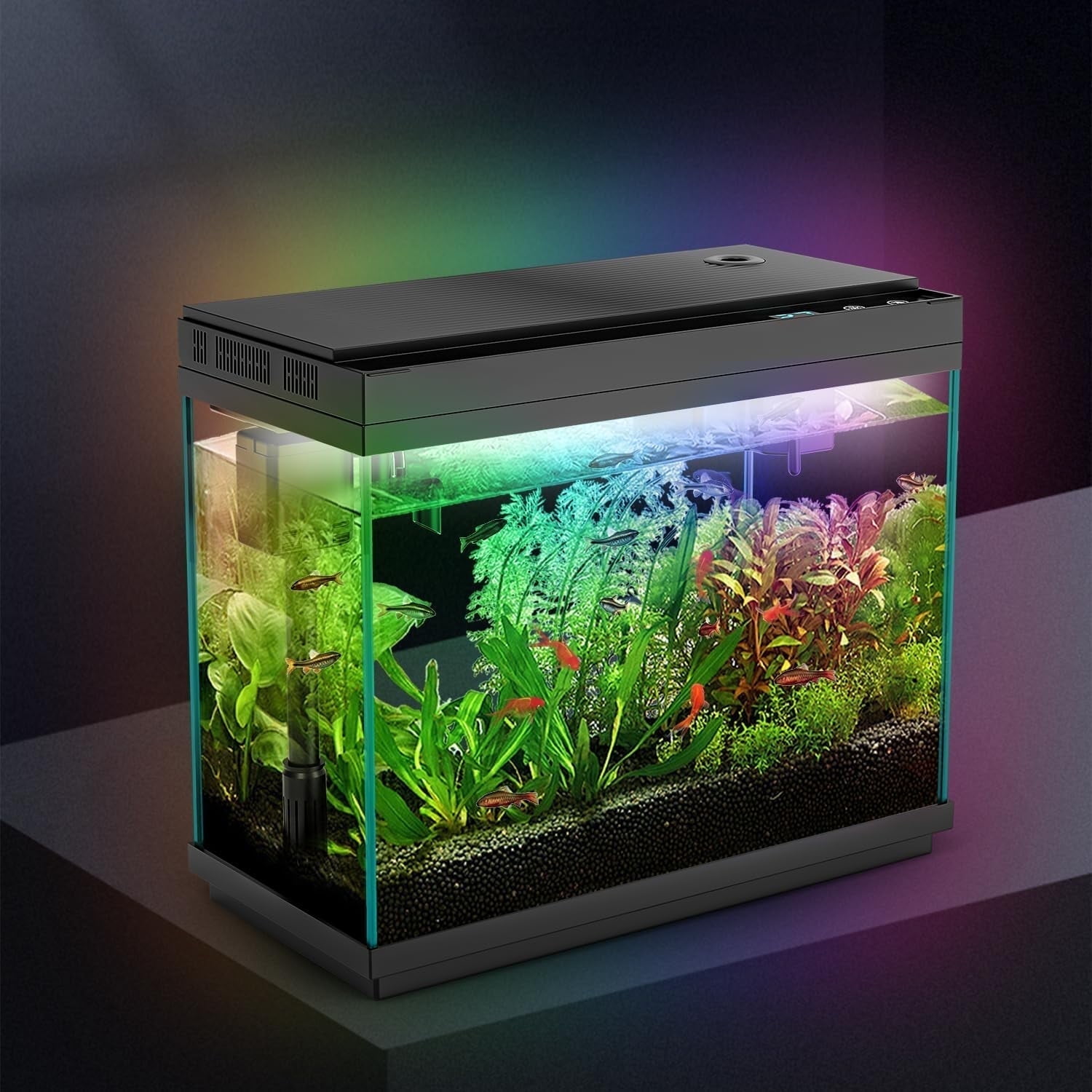 Rechale Smart Fish Tank, 2.4 gal UHD Clear Glass Aquarium with Smart Touch Control, 3-in-1 Silent Pump,7 Color Gradation RGB Lights, Multi-Layer Filtration System,Perfect for Home, Office, and Decor