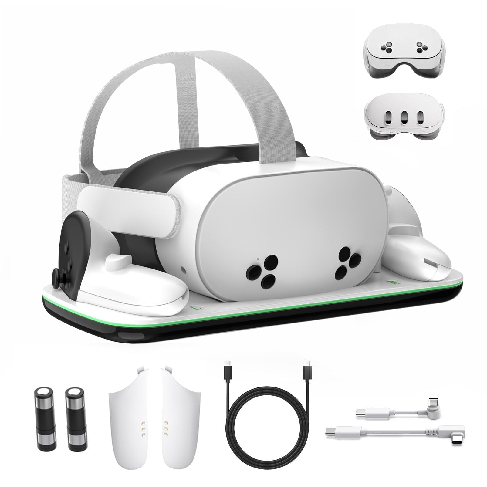 Rechale VR Charging Dock for Meta Quest 3/3S with LED Status Lights,Magnetic Charging Stand for VR Headset and Touch Controllers, with 2 Rechargeable 1850mAh Batteries/USB-C Charger Cable