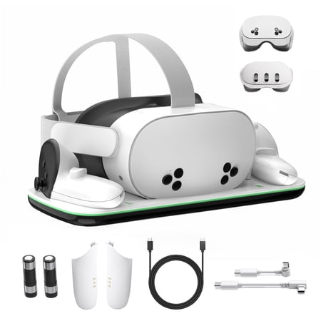 Rechale VR Charging Dock for Meta Quest 3/3S with LED Status Lights,Magnetic Charging Stand for VR Headset and Touch Controllers, with 2 Rechargeable 1850mAh Batteries/USB-C Charger Cable