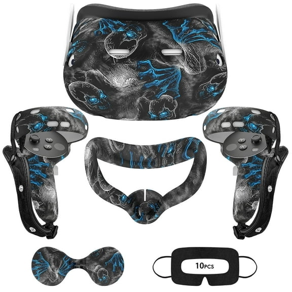 Rechale VR Silicone Case for Meta Quest 2, Design Upgraded Accessories for Oculus Quest 2, Face Cover, Controller Grips, Shell Cover, Lens Cover, Disposable Eye Cover(Blue Skull)