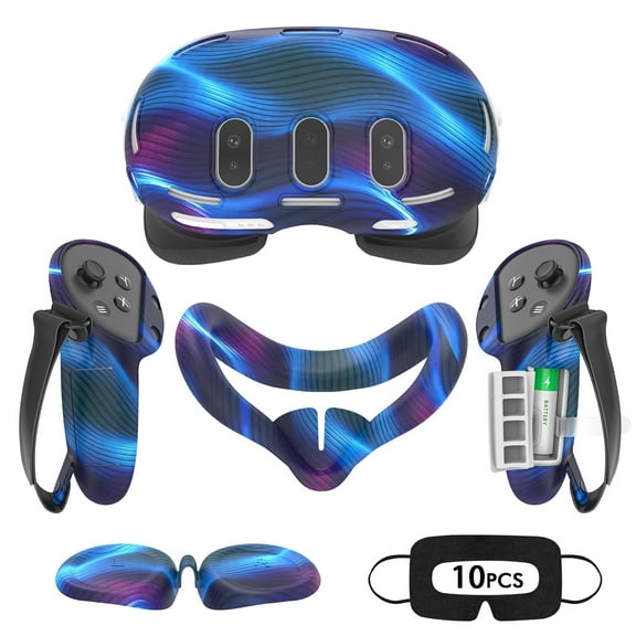 Rechale VR Silicone Case for Meta Quest 3, Design Upgraded Accessories for Oculus Quest 3, Face Cover, Controller Grips, Shell Cover, Lens Cover, Disposable Eye Cover(Blue Stripe)