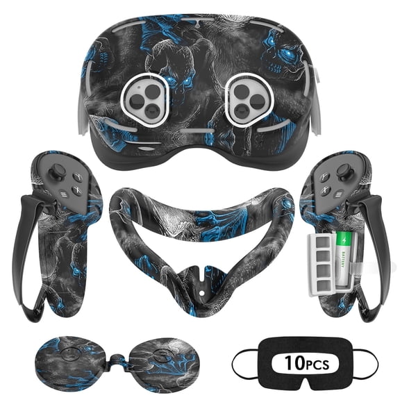 Rechale VR Silicone Case for Meta Quest 3S, Design Upgraded Accessories for Oculus Quest 3s, Face Cover, Controller Grips, Shell Cover, Lens Cover, Disposable Eye Cover(Blue Skull)