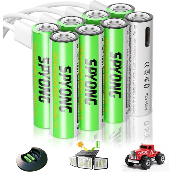 Recharable AAA Batteries Lithium 8 Pack 1200 mWh Ion, 1.5V, Includes 4-in-1 USB-C, 1500 Char Cycles, 40-Min Full Char, LED Indicator