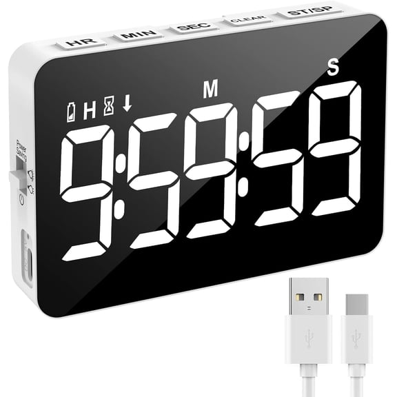 Recharable Digital Kitchen Timer for Cooking, Magnetic Timers with Countdown/up, Kids Timer with 5LED Display 3 Brightness 4 Volume Adjustable for Classroom/Office/Home/Work/Study/Fitness/Game
