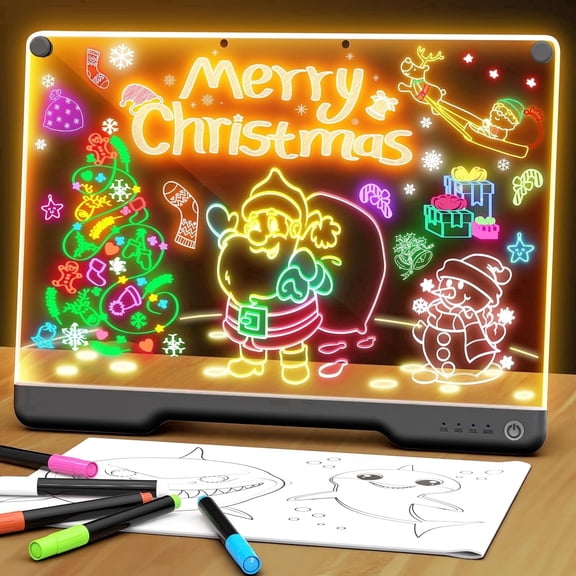 GEOKAY Portable LED Drawing Board, 16-inch Rechargeable Doodle Glow Board with 7 Neon Colors, Dry Erase Memo Board with Stand & 5 Markers, Gift for Kids/Classroom/Office (Black)