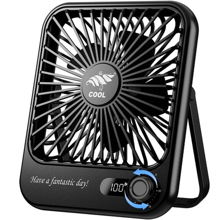 Rechargable Desk Fan Table Fan with LCD creen Display, Compact Size Travel Fan, Continuously Variable Speed Cooling Fan for Office Bedroom Table Desktop, Black