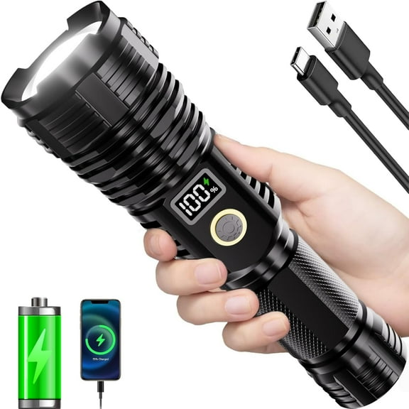 Rechargeable 100000LM LED Flashlight, Zoomable, LCD Display, 5 Modes, Waterproof Tactical Light for Emergencies & Camping