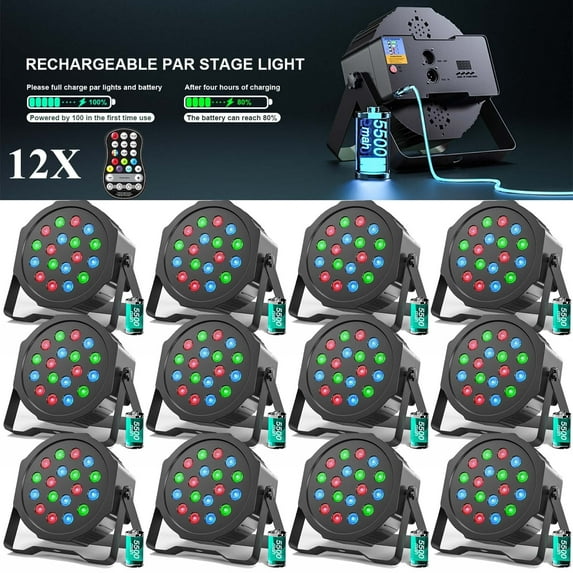 12Pack Rechargeable 18 LED Par Light RGB DMX Round Stage Lights with Remote for Party Concert Show