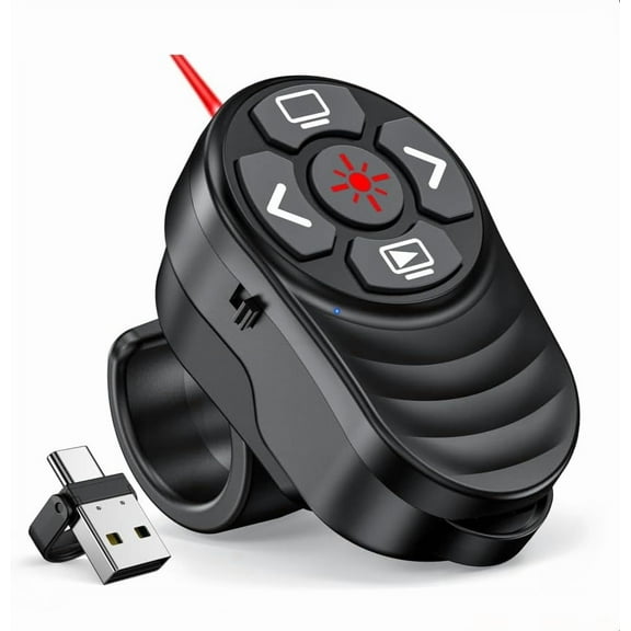 Rechargeable 2-in-1 Wireless Presentation Clicker, Finger Ring Clicker Powerpoint Clicker with Red Light & Volume Control, Wireless Presenter Remote Pointer for Slide MAC Computer PC Laptop