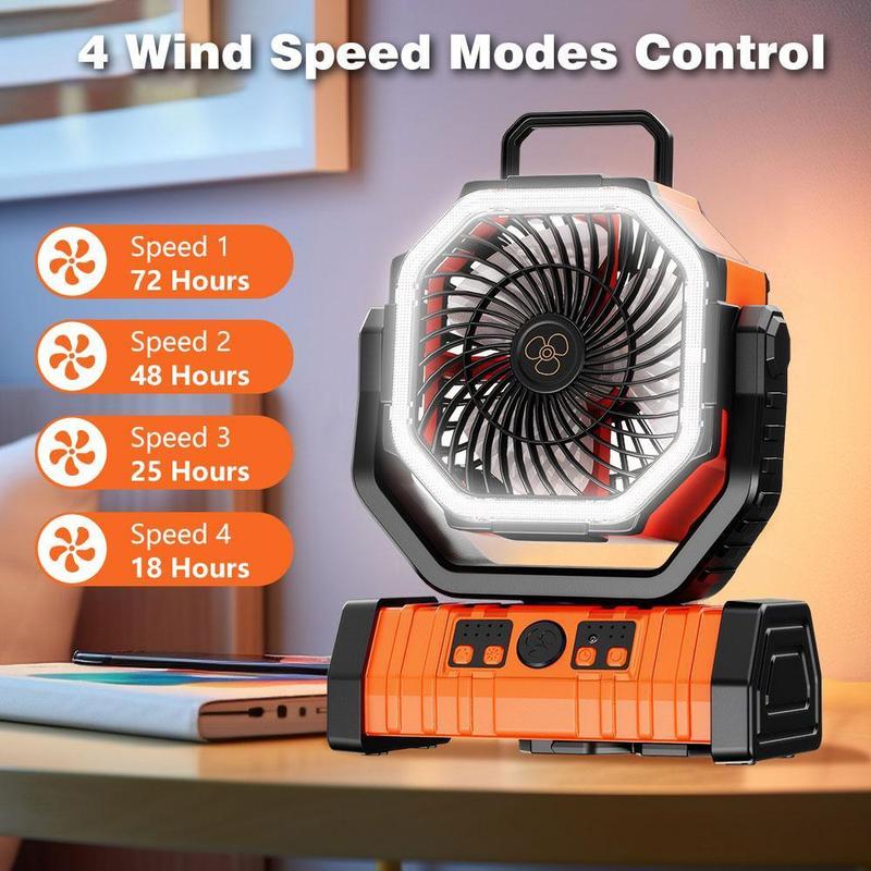 Rechargeable 20000mAh Battery Powered Travel Fan, Portable Camping Fan with LED Lantern – 1‑8H Timer, 270° Rotating Head & 4 Speeds for Tents, Office, Desk & Fishing, FathersDayGift