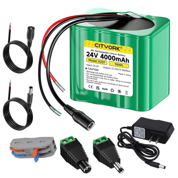 Rechargeable 24V 4000mAh Lithium Battery with Charger, Bare Leads Wire Battery Pack Compatible with 24V Devices, DIY Project, Ride-On Cars, Toys, Solar Panels, Camcorder, LED Strip, Portable Speaker