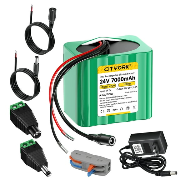 Rechargeable 24V 7000mAh Lithium Battery with Charger, Bare Leads Wire Battery Pack Compatible with 24V Devices, DIY Project, Ride-On Cars, Toys, Solar Panels, Camcorder, LED Strip, Portable Speaker