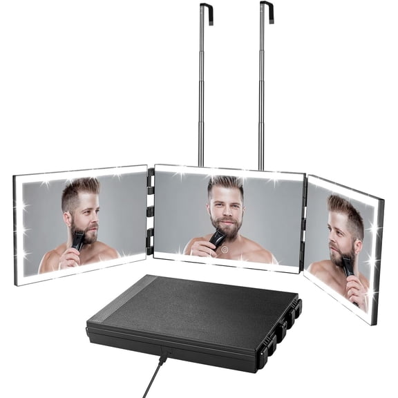 Rechargeable 3 Way Mirror for Self Hair -to See of , Trifold Mirror with 8 Light Strips & Telescoping Hooks for Makeup, Shaving & Styling