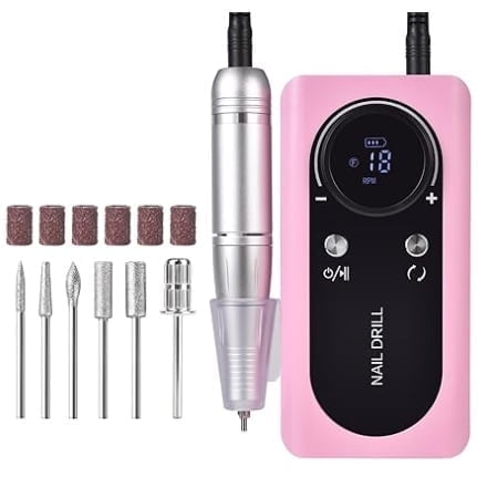 PRYZUNA Rechargeable 45000RPM Electric Nail Drill Machine with LCD Display – Portable Professional Nail File for Acrylic & Gel Nails, Low Noise & Vibration