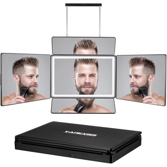 Rechargeable 5 Way Mirror for Hair , Real Glass Adjustable Trifold Mirror with Light & Telescoping Hooks for Makeup & Styling - Portable DIY Tool to Cut, Trim or Shave Your & Neckline