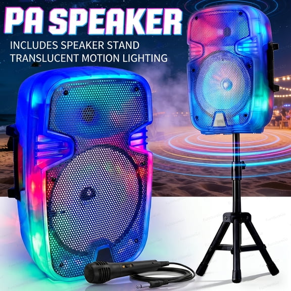 Rechargeable 8in Portable PA Speaker System Karaoke Speaker With1 Wired Microphone, Wireless Party Sound System, Flashing Party Lights, MP3/USB/FM Radio