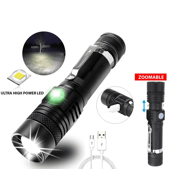Rechargeable 990000LM LED Flashlight, Tactical Zoomable Torch with 5 Modes, Black