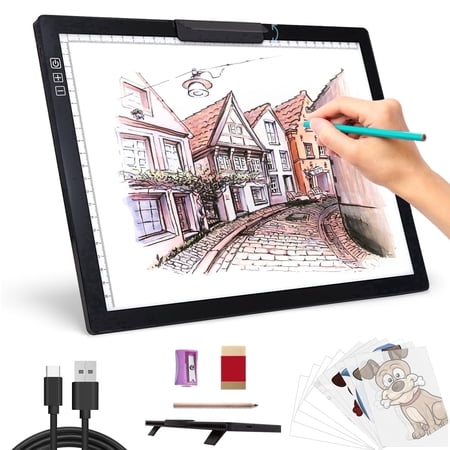 TOHETO Rechargeable A4 Light Box, Led Light Pad with Built-in Stand & Clip 6 Level Dimming Diamond Painting Light Board for Tracing Artists Drawing Animation