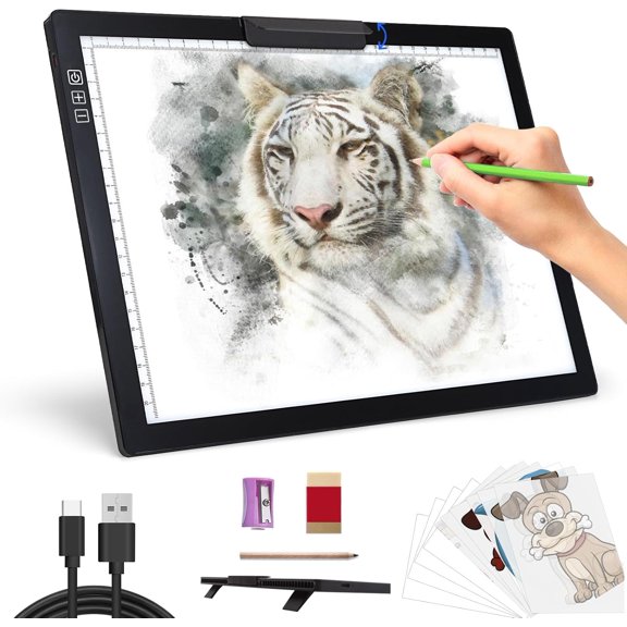 Rechargeable A4 Light Pad - Stepless Dimmable 6 Levels Brightness Tracing Light Box, Diamond Painting Light Board with Top Clip, Battery Powered Portable Light Pad for Weeding Vinyl Tracing