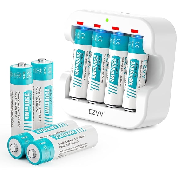 Rechargeable AA 1.5V Lithium Batteries 8-Pack Full-Recharged Long-Lasting 3500mWh High-Capacity 2300+mAh Dual A with Fast Charger Combo for High-Tech Devices Blink Cameras Cycle Times 1300x
