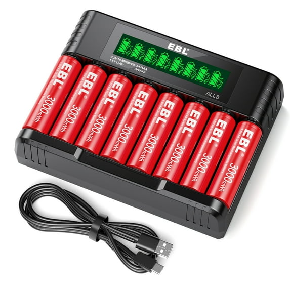 Rechargeable AA Batteries 1.5V 2000mAh High Capacity,Li-ion 8 Pack with LCD Individual AA/AAA Battery Charger