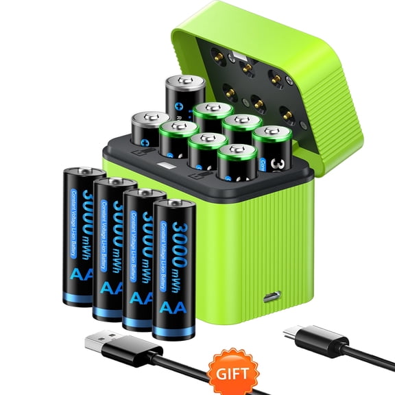 Rechargeable AA Batteries Lithium with Charger,12 Pack 1.5V 3000mWh Double A Rechargeable Battery,Long Lasting Pilas Recargables AA Battery with 8 Bay Charging Storage Box for 1.5V Li-on AA Battery