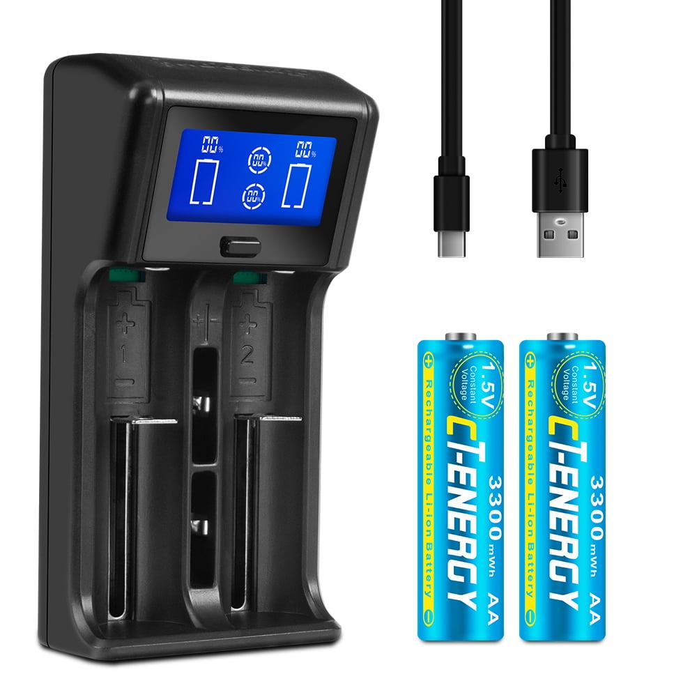 Rechargeable AA Lithium Batteries 2 pcs with Charger Quick Charging