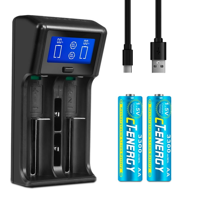 Rechargeable AA Lithium Batteries 2 pcs with Charger Quick Charging