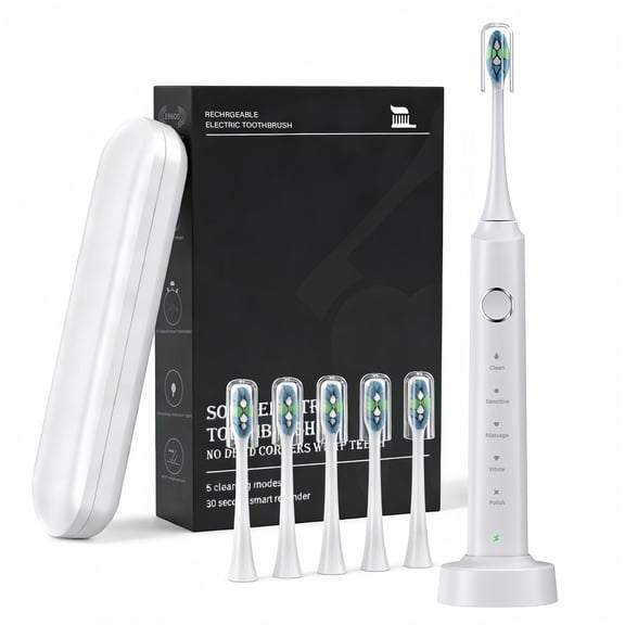Electric Toothbrush, Rechargeable, Includes 6 Brush Heads and Travel Case - 5 Modes, IPX7 Waterproof, Suitable for Adults and Families - White