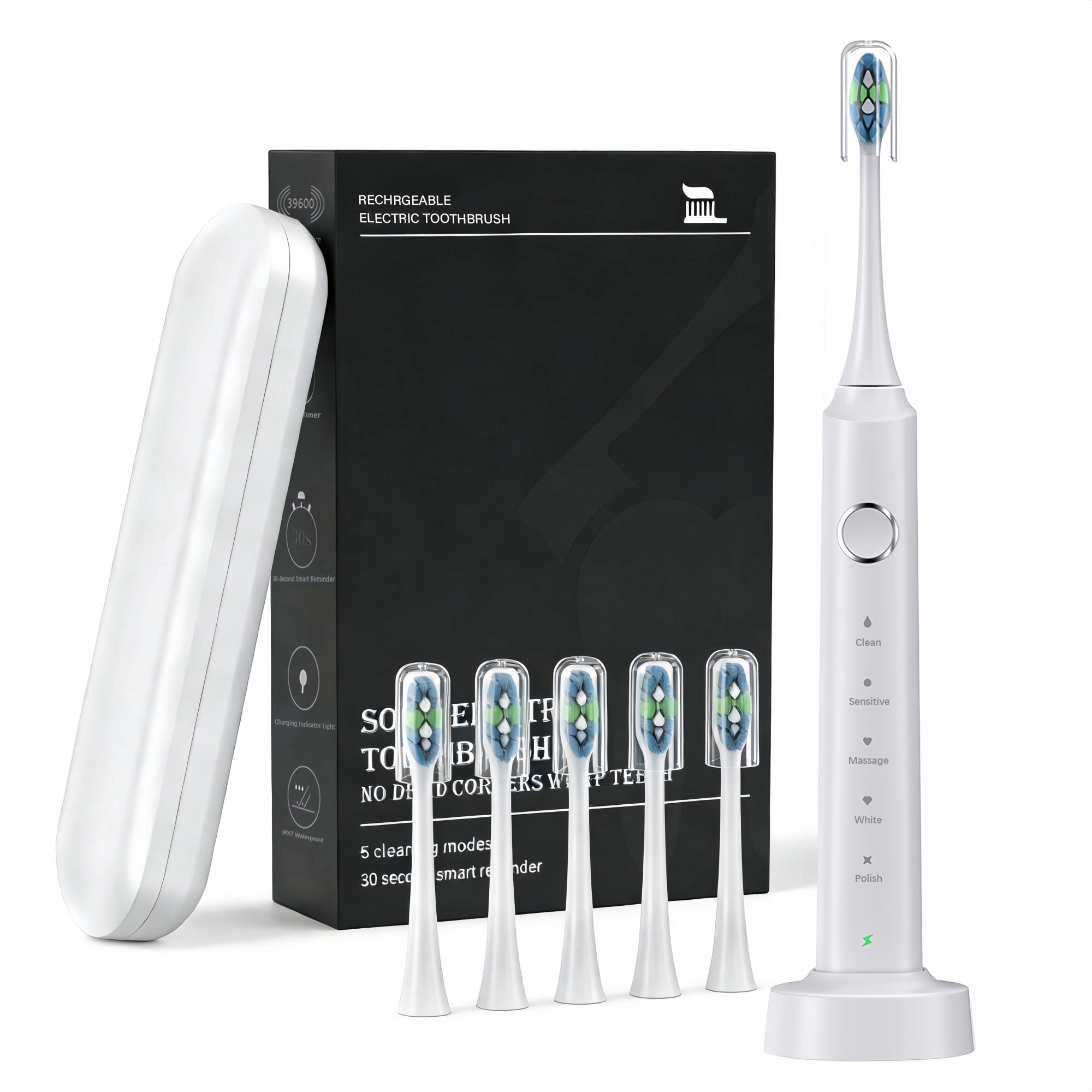 Electric Toothbrush with 5 Modes & 3 Intensity Levels, IPX7 Waterproof, Suitable for Adults and Kids - White