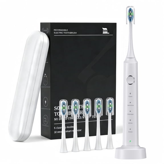 Electric Toothbrush with 5 Modes & 3 Intensity Levels, IPX7 Waterproof, Suitable for Adults and Kids - White