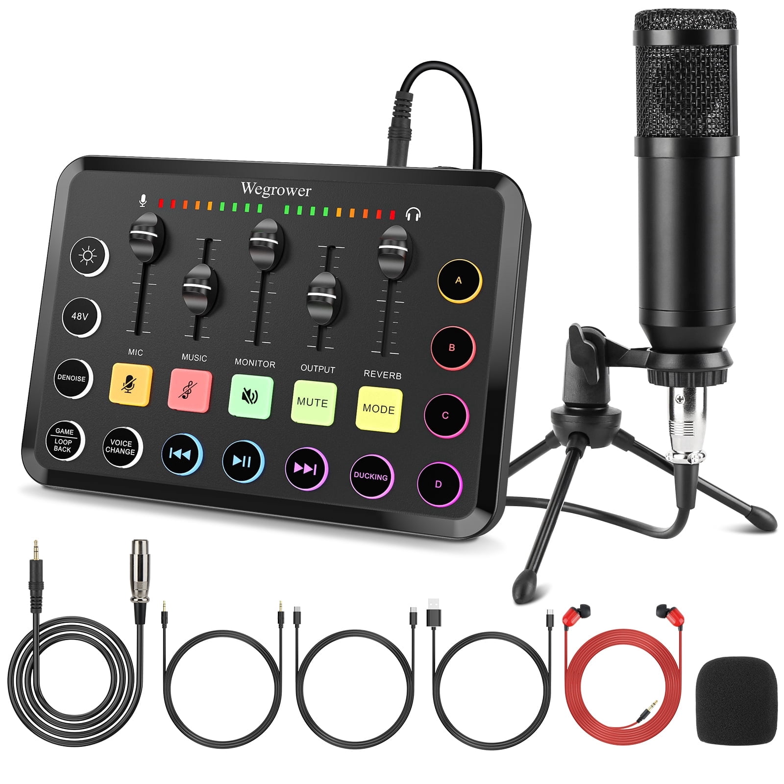 Rechargeable Audio Mixer with Tripod for Gaming & Podcasting - 48V Phantom Power, Dual Mic Inputs, RGB Lighting, 1-Click Noise Cancel, Voice Changer, Plug & Play (W-11BK)