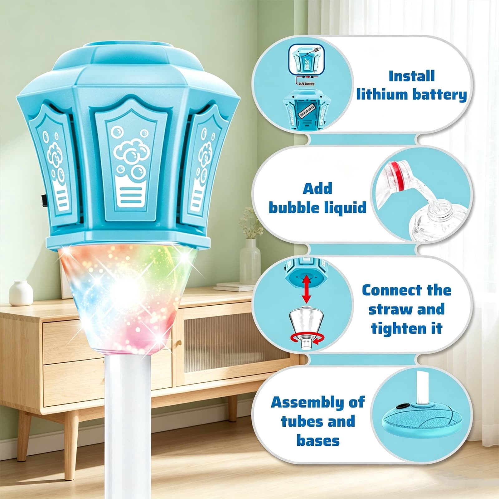 Rechargeable Automatic Bubble Machine With Light Music Adjustable Height And Detachable Wand For Outdoor Play(Blue)