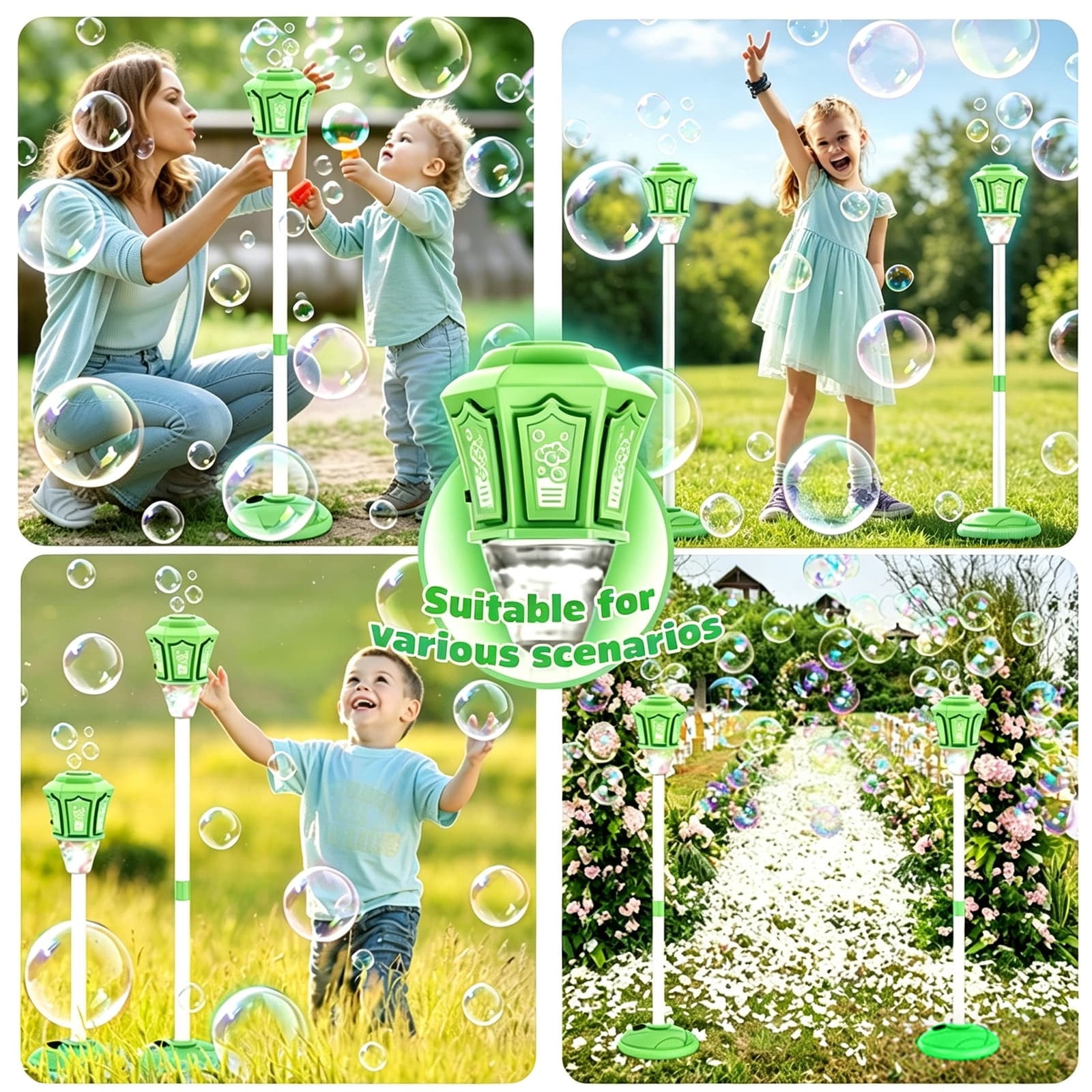 Rechargeable Automatic Bubble Machine With Light Music Adjustable Height And Detachable Wand For Outdoor Play(Green)