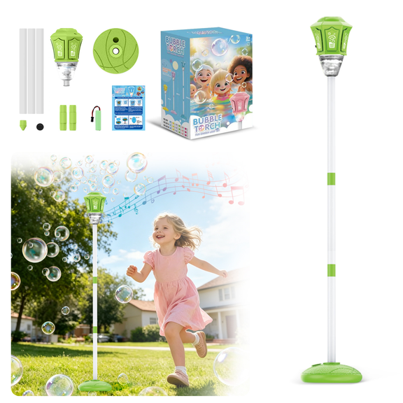 Rechargeable Automatic Bubbles Machine, Lamp Bubble Standing Maker with Lights & Music, Adjustable Height for Outdoor Lawn, Garden Wedding Party-Green