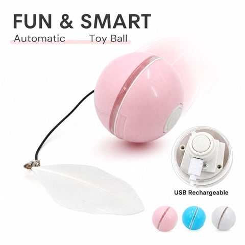 Rechargeable Automatic Cat Rolling Ball Toy with Smart Obstacle Avoidance and Feather, Blue, Interactive Self-Moving Toy for Indoor Cats, Smart Pet Exercise